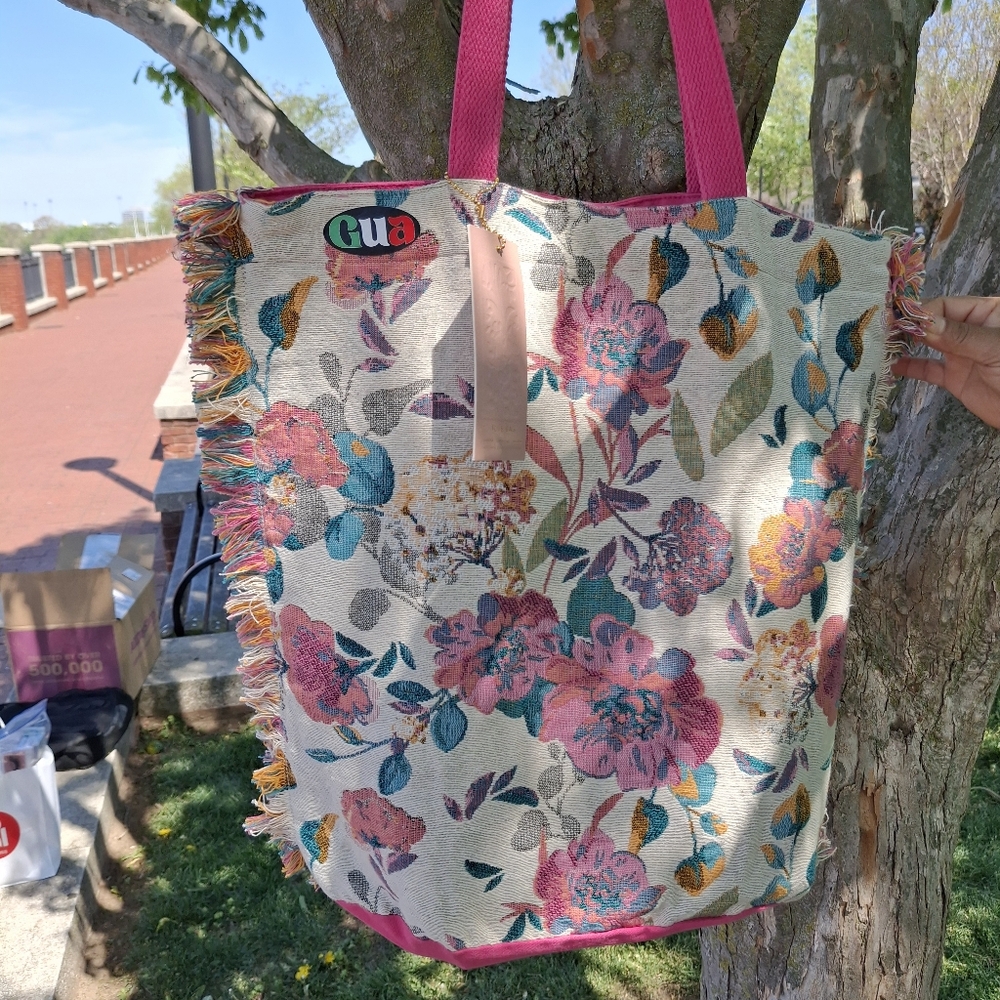 Floral Canvas Tote Bag with Pink Accents